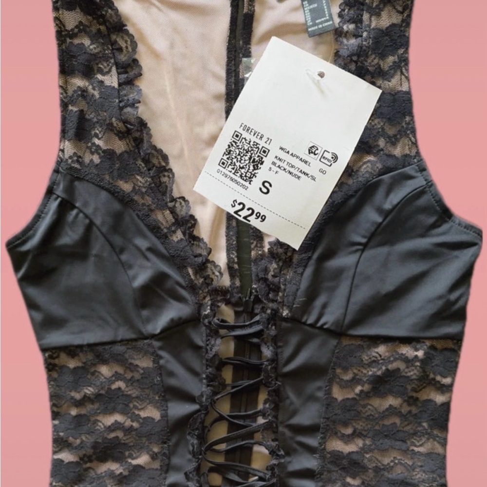 Forever 21 NWT Black & Tan Grunge/Coquette Sexy Lace & Satin Bodice Tank